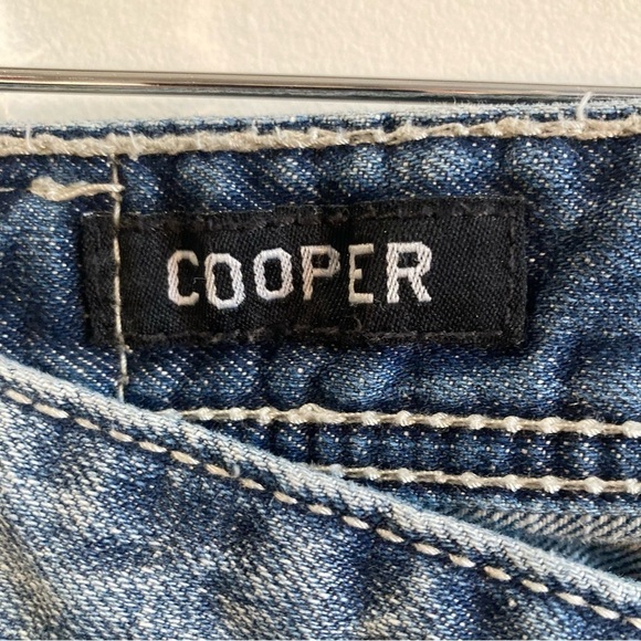 AFFLICTION Sz 33 Cooper Distressed Straight Leg Rubber Logo Patch Jeans - Picture 7 of 16